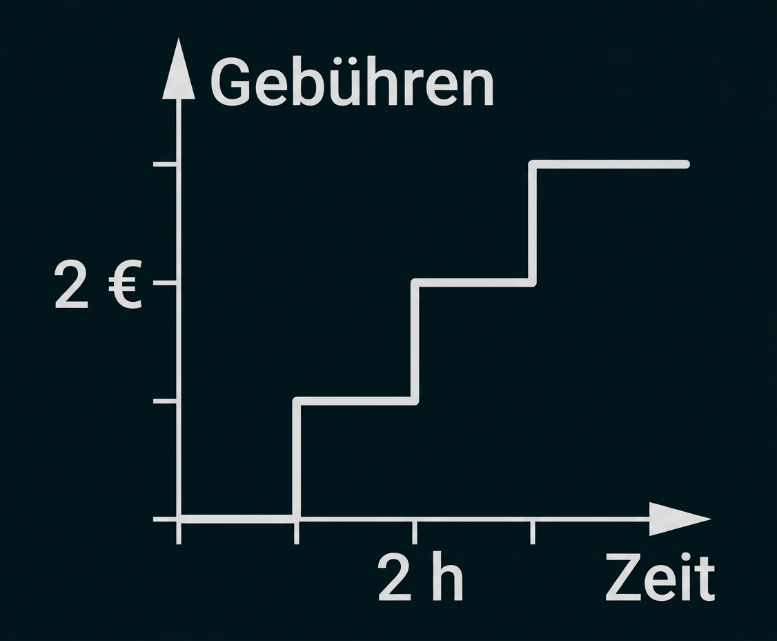 Stufendiagramm der Gebühren in Abhängigkeit von der Zeit.